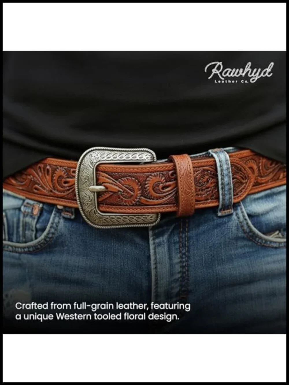 Men's Full-Grain Leather Western Tooled Belt with Buckle 34-36